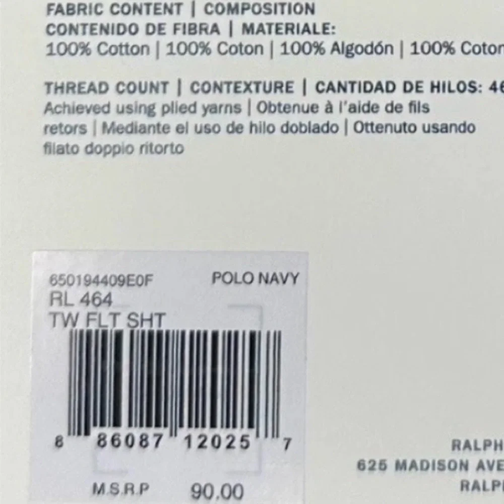 $90 NEW RALPH LAUREN HOME TWIN FLAT SHEET 464 TC POLO NAVY